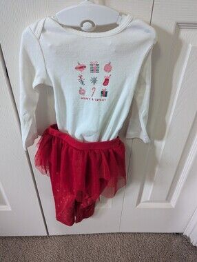 Carter's White Top with Pink and Red Holiday Icons and Red Skirted Bottom